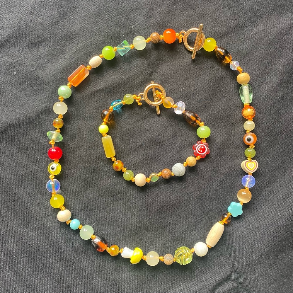 Colorful Beaded Necklace and Bracelet Set Handmade Mala Knotted Meditation Beads